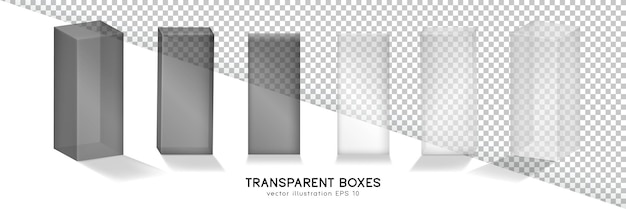 Vektor set aus weißen und schwarzen transparenten 3d-boxen. modell von rechteckigen glasbehältern für produkte