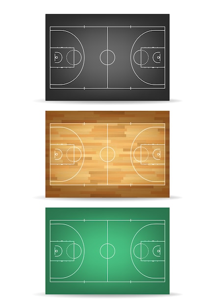 Set basketballplätze in verschiedenen farben - grün, holz und balck. draufsicht.