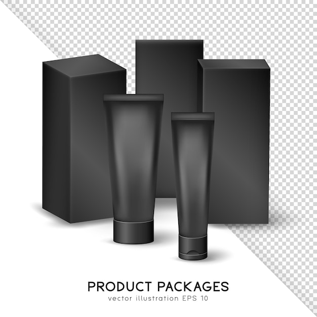 Set bestehend aus zwei cremetuben und drei packungen. schwarze matte leere kästen mit vorlage für kosmetische produkte