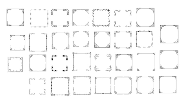 Vektor set black simple line frame collection doodle quadratischer blumenrahmen elemente vektordesign stil
