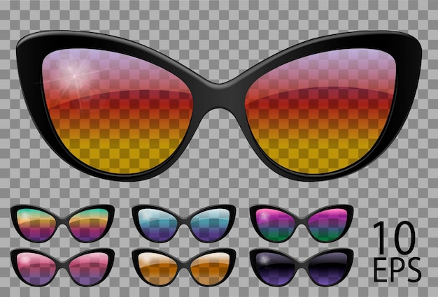 Vektor set brille.schmetterling katzenaugenform.transparent verschiedene farbe.sonnenbrille.3d-grafik.regenbogen chamäleon rosa blau lila gelb rot grün orange schwarz.unisex damen herren