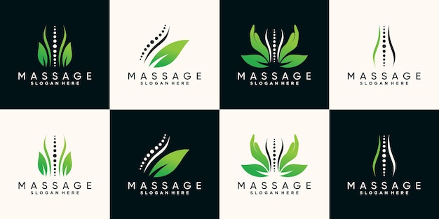 Set bündel des logodesigns der natürlichen massagetherapie mit handknochen und blatt premium-vektor