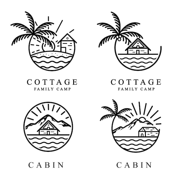 Set bundle cabin cottage mit palme logo vector illustration design line art style