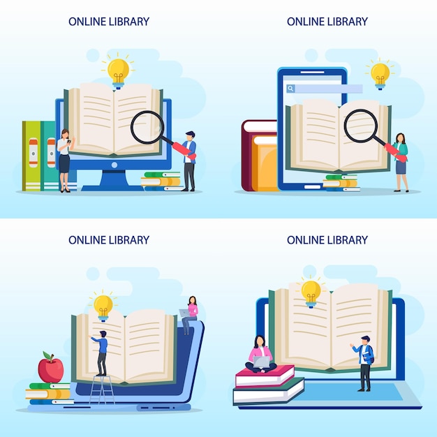 Set-bundle online-bibliothekskonzept online-referenzkonzept buchliteratur oder e-learning
