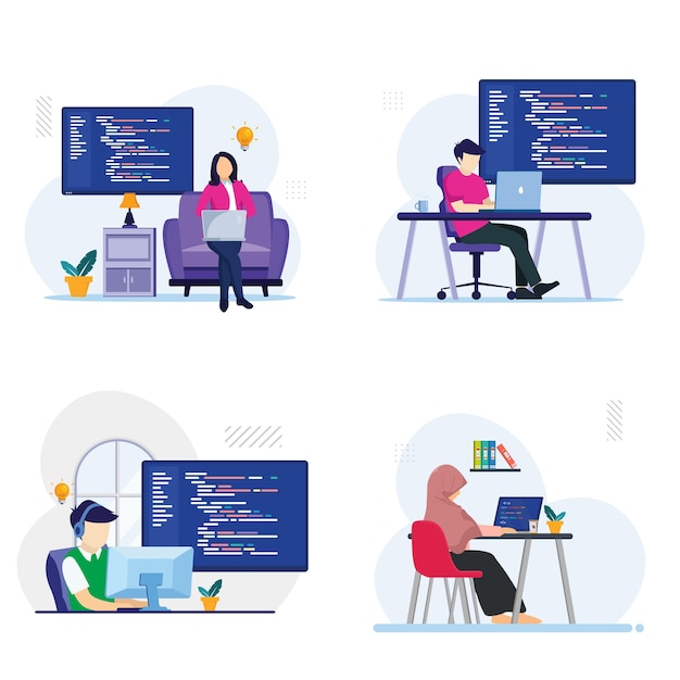 Vektor set-bundle programmierer bei der arbeit konzept flache vektorvorlage