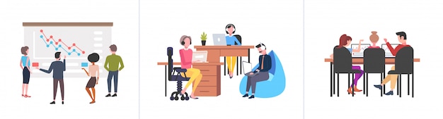 Set Businesspeople Team Seminar Schulungskonferenz Brainstorming Zusammenarbeit Teamwork Konzepte Sammlung weißer Hintergrund in voller Länge horizontal