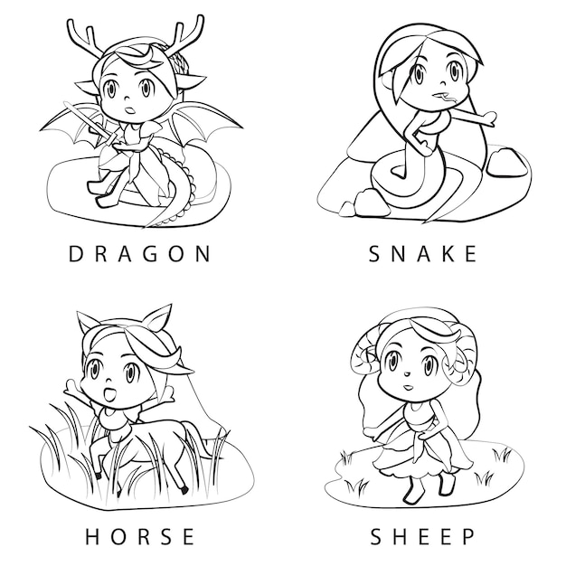 Set chinesisches sternzeichen oder shio lunar new yeasign dragon snake horse sheep umriss cartoon illustration