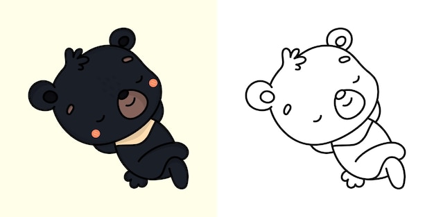 Vektor set clipart black bear coloring seite und farbige illustration. clipart kawaii schwarzer bär.