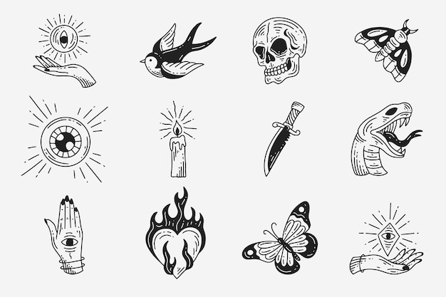 Set collection mystical celestial dark holy simple minimalism tattoo clipart symbol space doodle esoteric elements vintage illustration