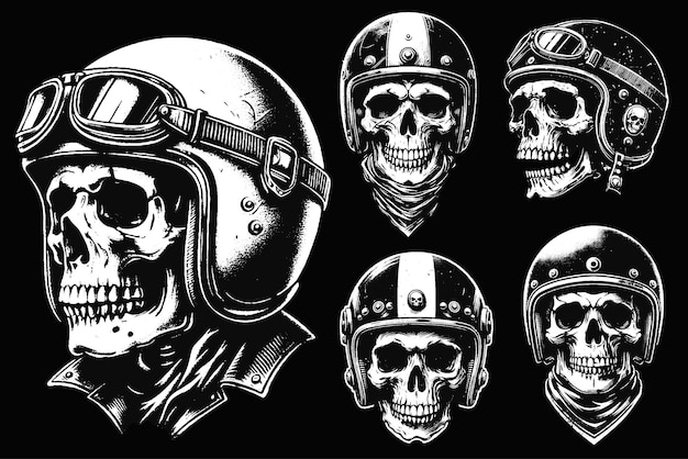 Vektor set dark art schädelfahrer mit helm motorradfahrer grunge vintage tätowierung schwarz-weiß