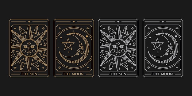 Set dekorativer goldener Tarotkarten, die Sonne und der Mond isoliert auf schwarzem Hintergrund Vintage