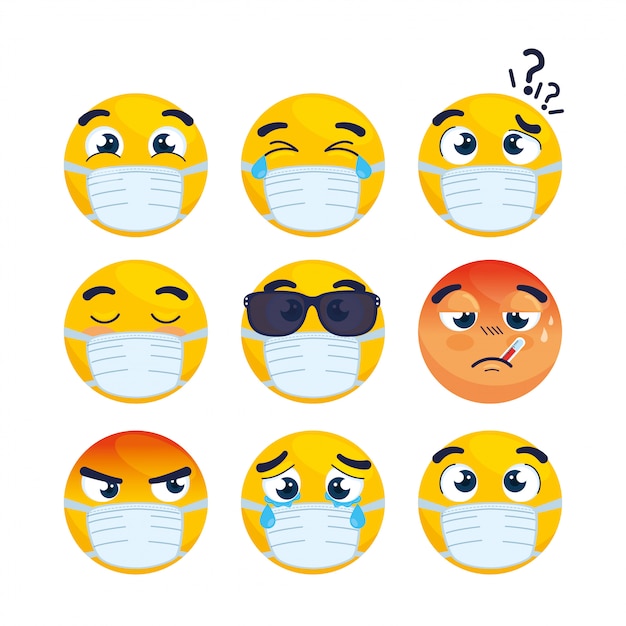 Set emojis tragen medizinische maske, gesichter emojis tragen chirurgische maske symbole vektor-illustration design