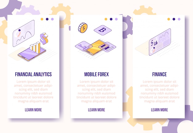 Set-finanzielle analytik des isometrischen konzeptes des entwurfes digital, vertikale fahnenschablone des mobilen app-schirmes der devisen