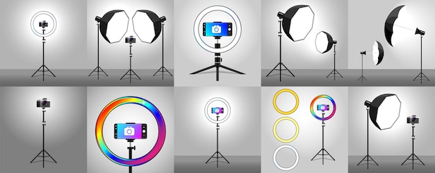 Set Fotostudio mit Softbox-Licht, Kamera, Stativ-Ringlichttelefon
