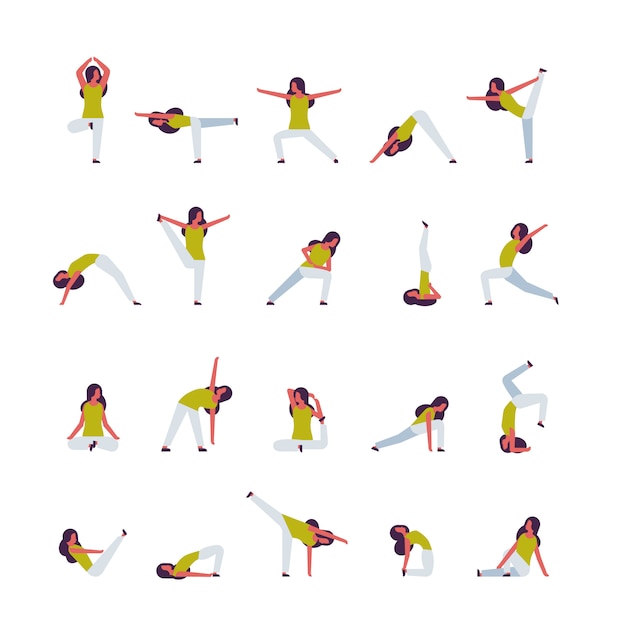 Set frau macht yoga-übungen weibliche zeichentrickfigur fitness-aktivitäten isoliert vielfalt wirft gesunde lebensstil konzept in voller länge flach