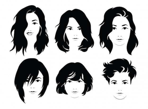 Set frisuren für frauen. sammlung von schwarzen silhouetten von frisuren für mädchen.