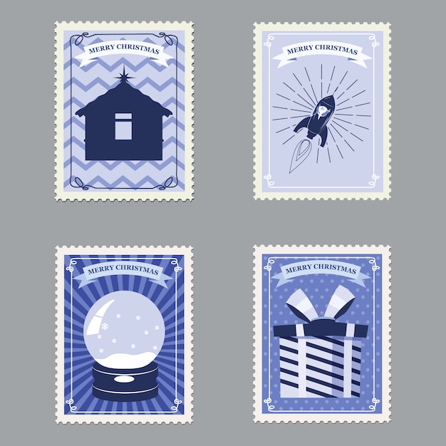 Vektor set frohe weihnachten retro briefmarken mit rakete, geschenken, hütte und schneekugel.