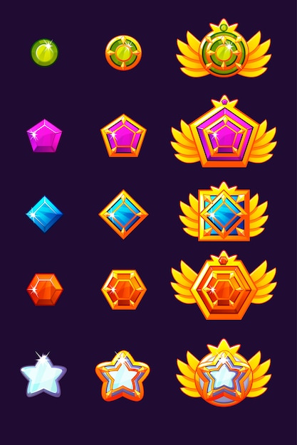 Vektor set gems award fortschritt. goldene amulette mit schmuck besetzt. symbole assets für das spieldesign.