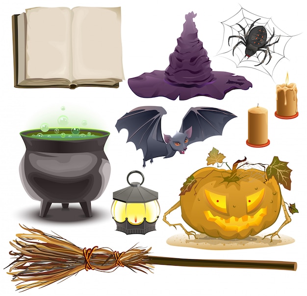 Set halloween objekte zubehör kürbis, laterne, hut, besen, kessel, spinne, fledermaus und altes buch