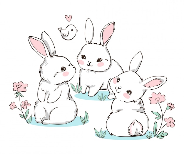 Set hand drawn bunny und kleiner vogel, blumen.