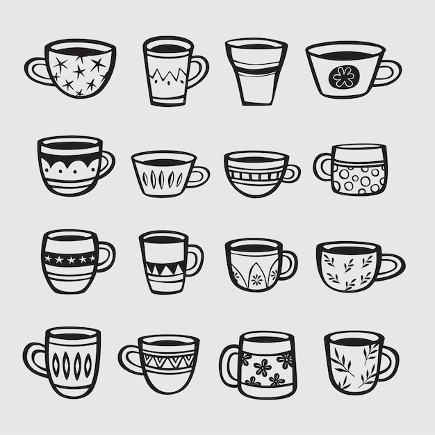 Set handgezeichneter Tassen Tee und Kaffee