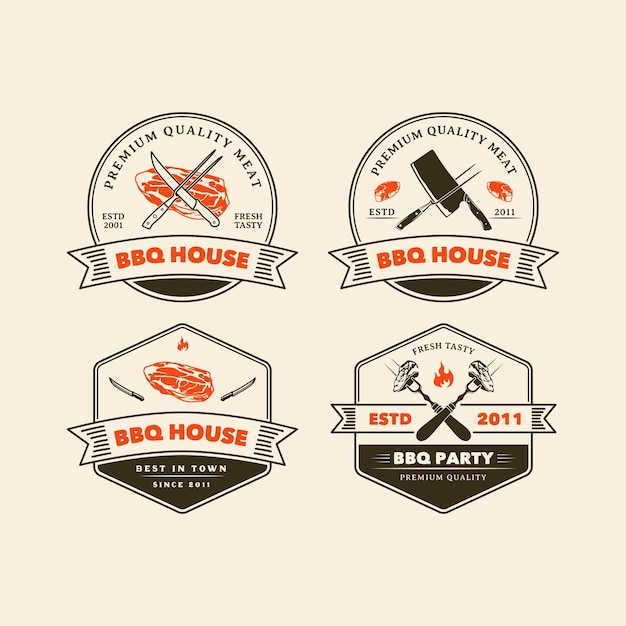 Set handgezeichneter vintage-barbeque-haus-logo-abzeichen illustrationsvektor