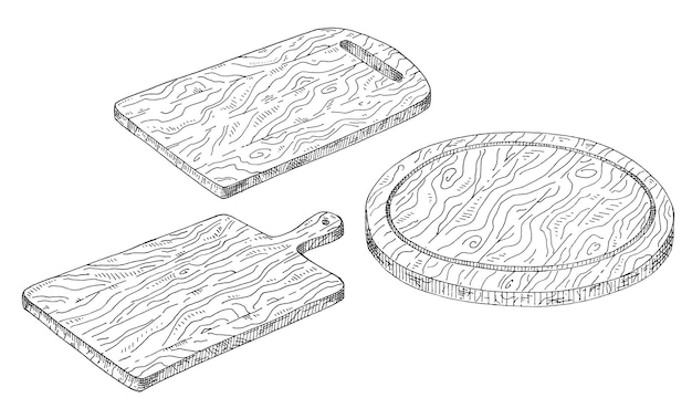 Vektor set holz rechteckig und schneidebrett. weinlesevektor, der einfarbige schwarze illustration ausbrütet.