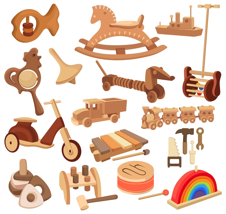 Vektor set holzspielzeug. sammlung von vintage-spielzeugen und geräten für kinder.