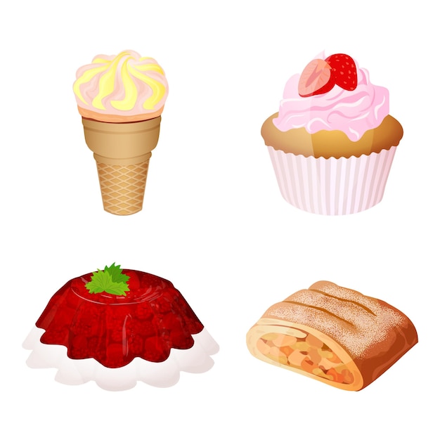 Vektor set icons of confectionery produkt bestehend aus eis, cupcake, gelee, apfelstrudel isoliert auf weißem hintergrund. flacher stil.