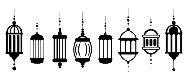 Set islamischer Vintage-Laternen der Kontur, muslimische Lampen. Symbole, Vorlagen, Vektor