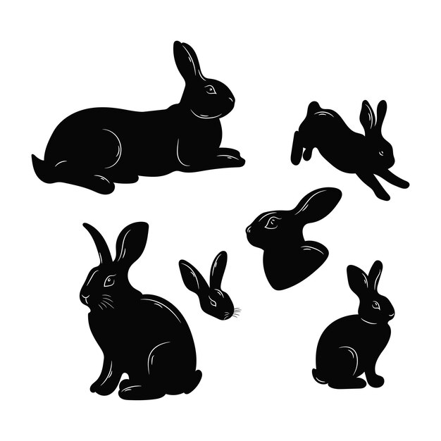 Set isolierte schwarze Kaninchen Silhouette Vektor weißes Tier Ostern niedliche Wildtiere Zeichentrickfilm gr