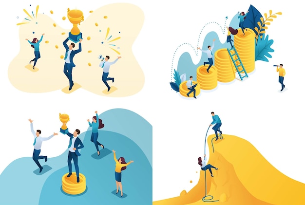 Set isometrische Bewegung bei Erfolg Moderne Illustrationskonzepte für die Entwicklung mobiler Websites
