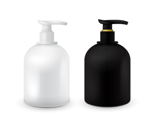 Set jar mit flüssigseife für ihr logo und design ist einfach, farben zu ändern. realistischer schwarz-weißer kosmetikbehälter für seifencreme, lotion. mock-up-flasche.
