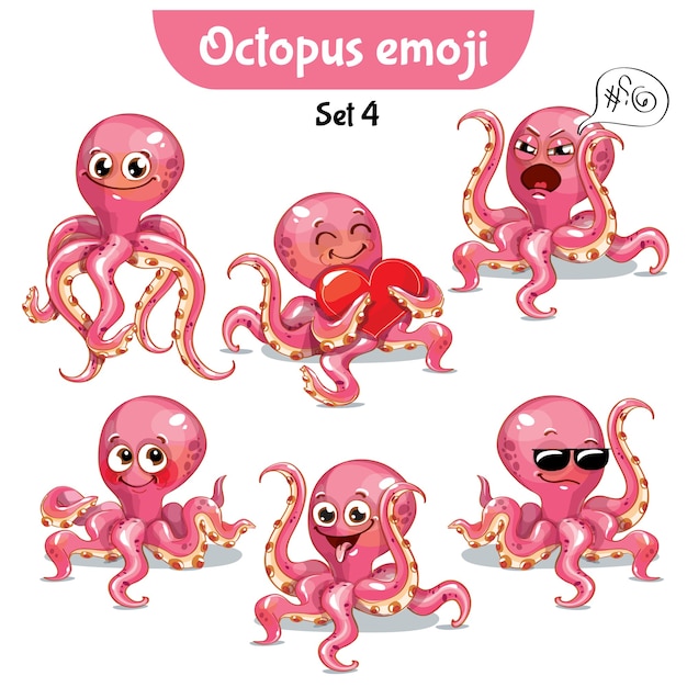 Vektor set kit sammlung aufkleber emoji emoticon emotion vektor isoliert illustration glücklichen charakter süß, niedlichen rosa tintenfisch