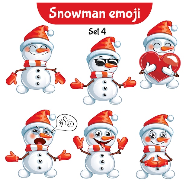 Set kit sammlung aufkleber emoji emoticon emotion vektor isoliert illustration glücklichen charakter süß, niedlichen schneemann