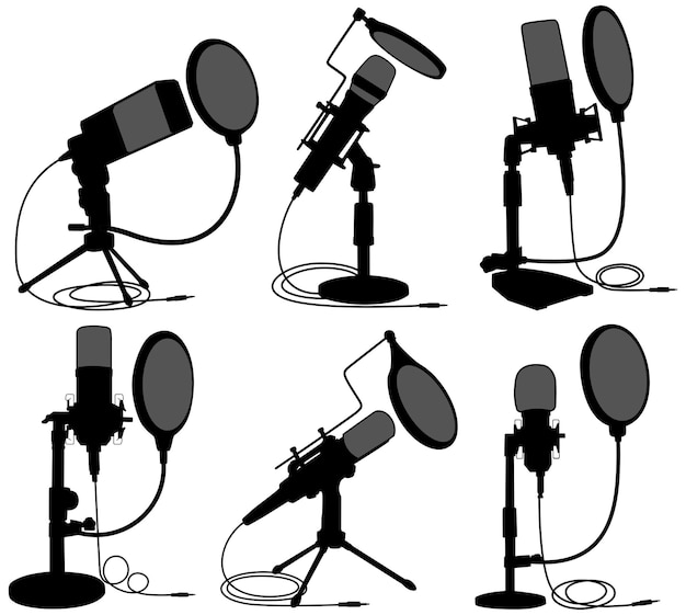 Set-Kondensator-Mikrofon Silhouette-Symbol Studio-Sprachrecorder Design-Illustration