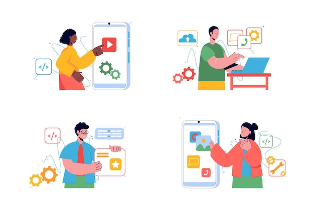 Set-Konzept App-Entwicklung mit People-Szene im flachen Cartoon-Design Programmierer-Arbeiter