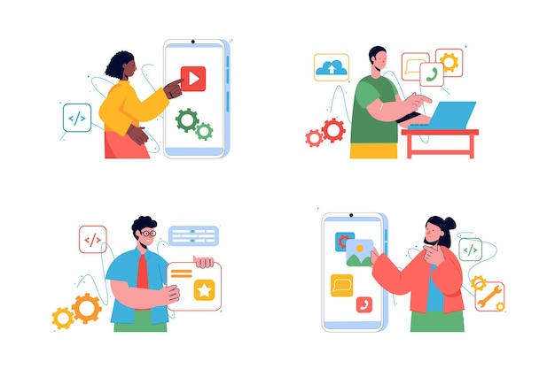 Set-konzept app-entwicklung mit people-szene im flachen cartoon-design programmierer-arbeiter