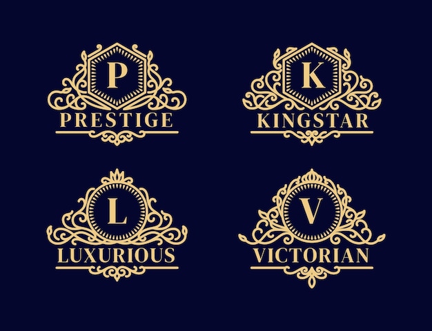Set logo abzeichen handgezeichnete illustration vektor viktorianischen ornament rahmen vintage luxury