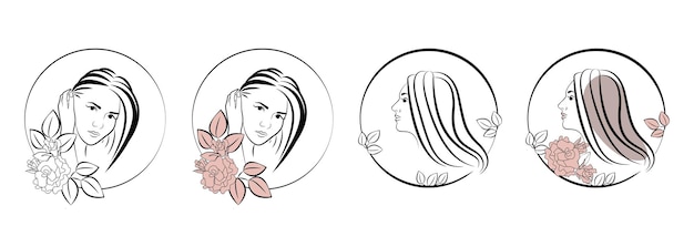 Set logo für schönheitssalon, profil eines schönen mädchens lineares porträt. vektor-illustration.