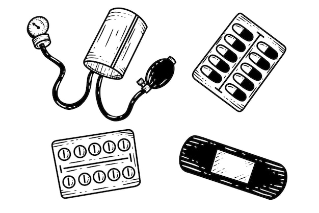 Set Medical Health Tools Spannung Pillen Vitamine Line Art Illustration