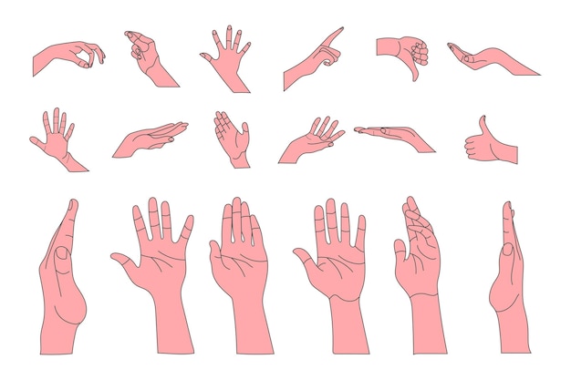 Set menschlicher Handgesten, minimale Strichzeichnungen, ok, Daumen hoch und Zeigefinger