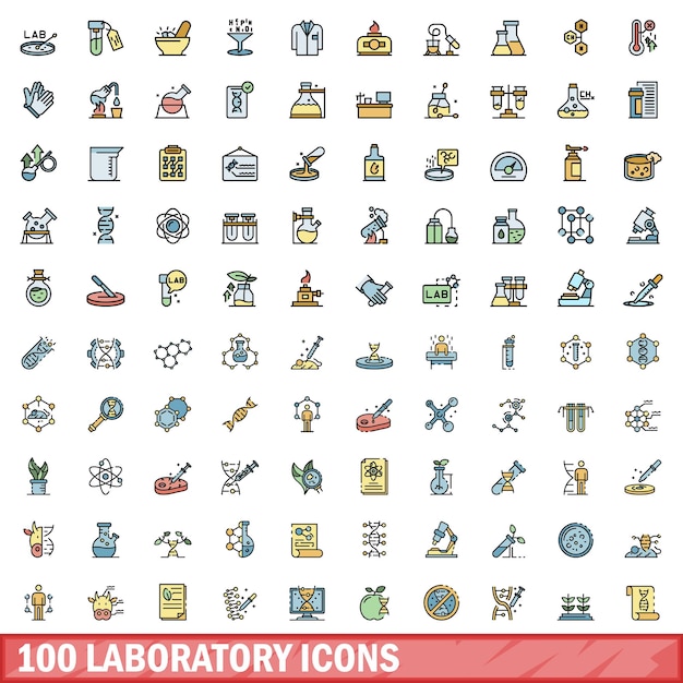 Set mit 100 Laborsymbolen Farblinie Satz von Laborvektorsymbolen dünne Linienfarbe flach auf Weiß