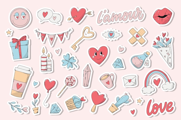 Set mit 30 Valentinstag-Aufklebern, Cliparts, Kritzeleien mit weißen Schnittlinien