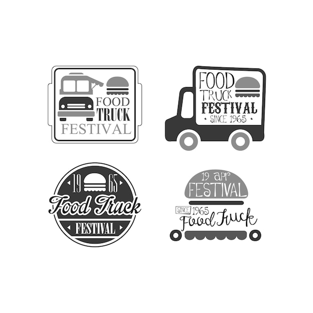 Vektor set mit 4 logo-vorlagen für food-truck-café, burger-café auf rädern, kreative monochrome embleme, grafikdesign für werbeplakate oder banner von festival-vektorillustrationen isoliert auf weißem hintergrund