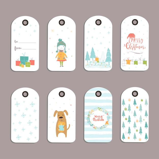 Set mit 8 süßen Weihnachtsgeschenkanhängern, Karten mit der Aufschrift Frohe Weihnachten, Tiere, Voreinstellungen, Baum und Schneeflocken. Einfach bearbeitbare Vorlage. Perfekte Illustration für Postkarte, Poster, Abzeichen, Banner.