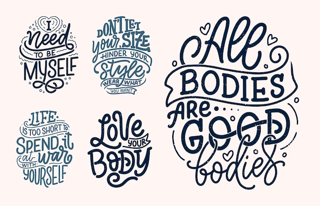 Set mit body positive schriftzug slogans für mode lifestyle