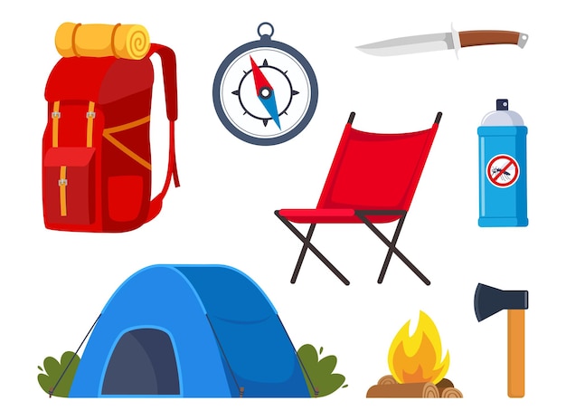 Set mit camping- und wanderausrüstung. große sammlung von elementen oder symbolen für sportabenteuer