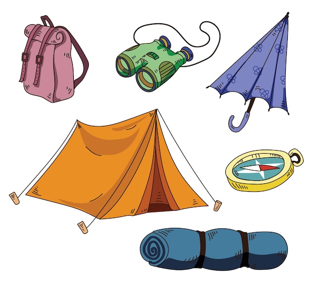 Vektor set mit campingausrüstung trekkingausrüstung wanderelemente flache vektorgrafiken