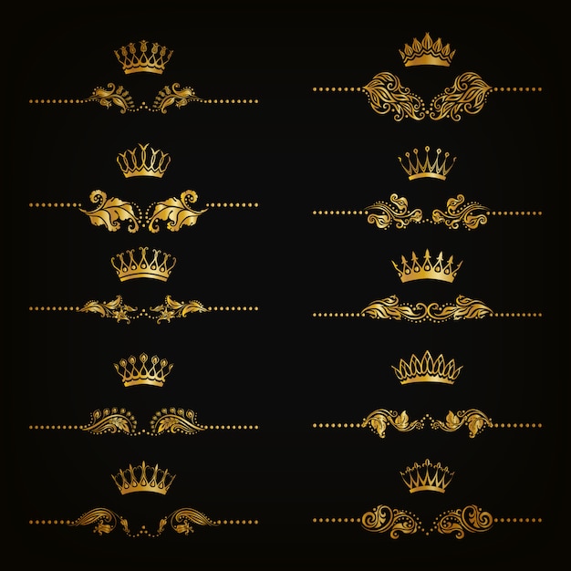 Set mit Filigran geschmückte Damastverzierungen. Goldene Blumenelemente, Ränder, Teiler, Rahmen, Kronen